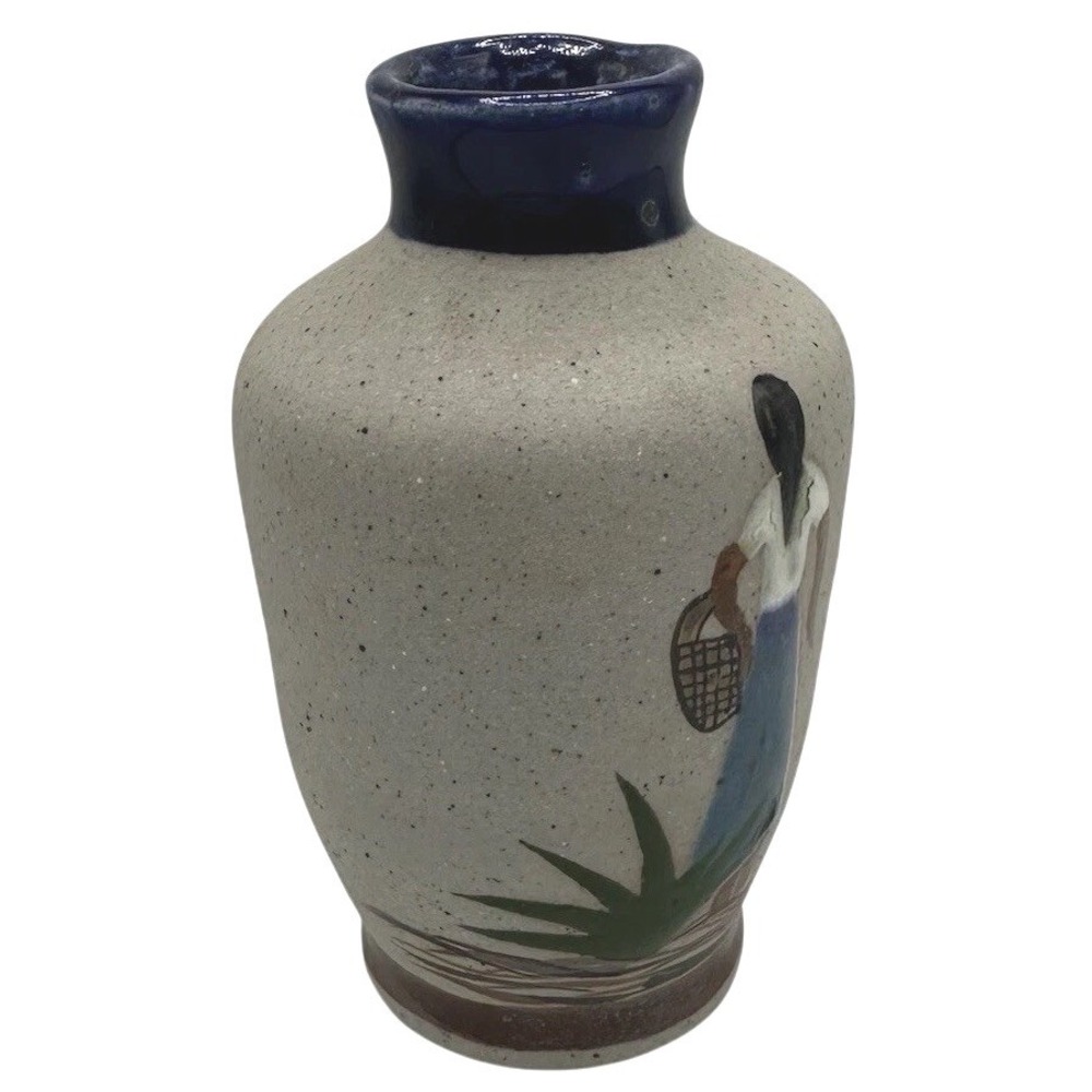 Mexico Pottery Bud Vase Hand Painted Desert Scene Blue Rim Small - Picture 4 of 7